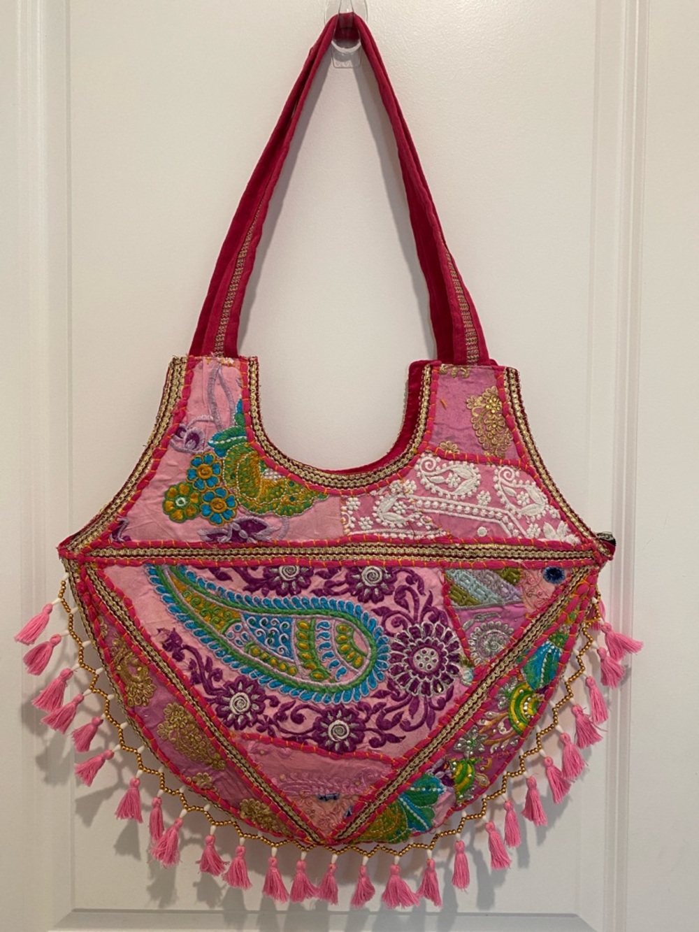 Pink Embroidered Tassel Shoulder Bag